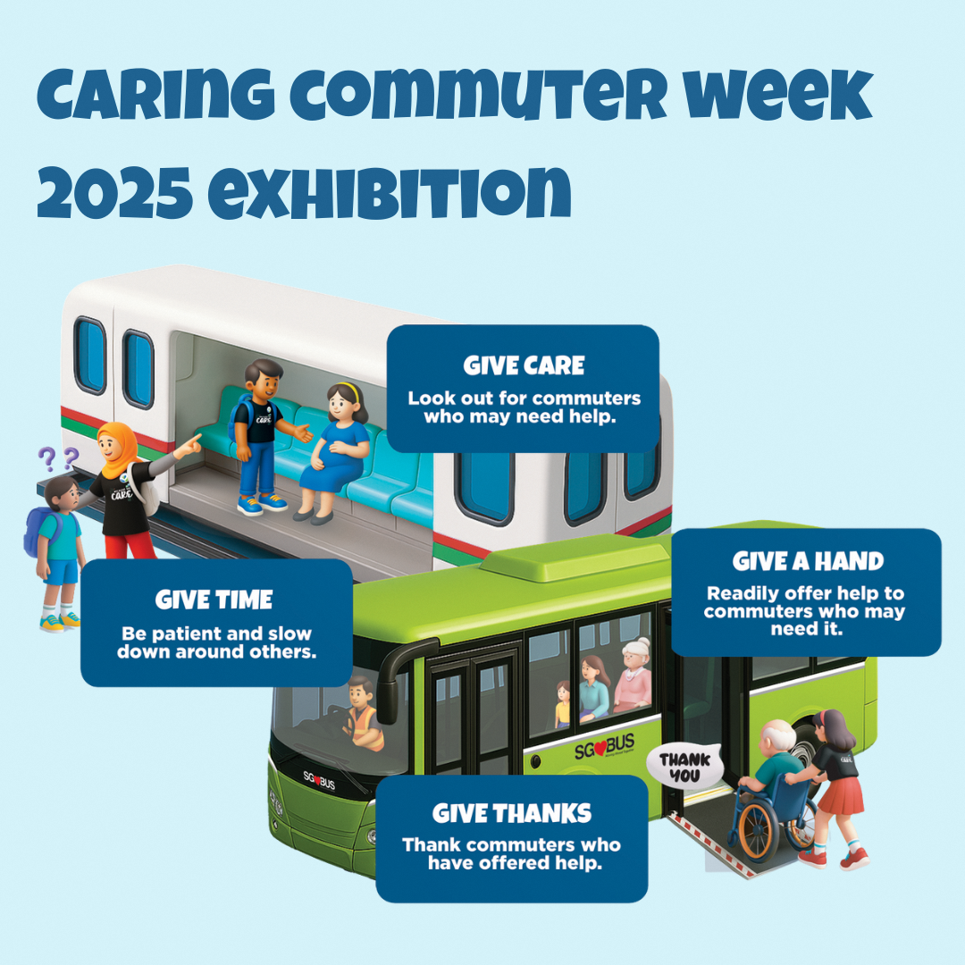 An image of illustrated characters as commuters displaying the acts of 4 Gives on their commute – Give Care, Give Time, Give a Hand and Give Thanks on 3D mock-ups of a Bus and Train cabin.