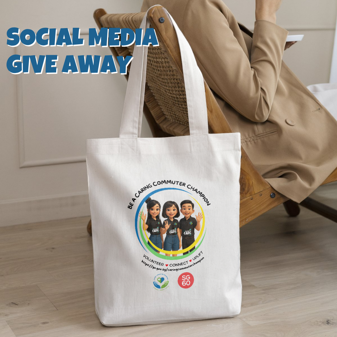 Image of a person sitting on a wooden chair with the Caring Commuter Champion tote-bag hanging off the side