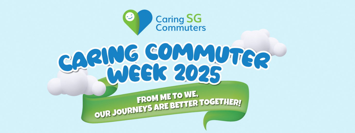Clear skyline with clouds and text Caring Commuter Week 2025 and Caring SG Commuters logo