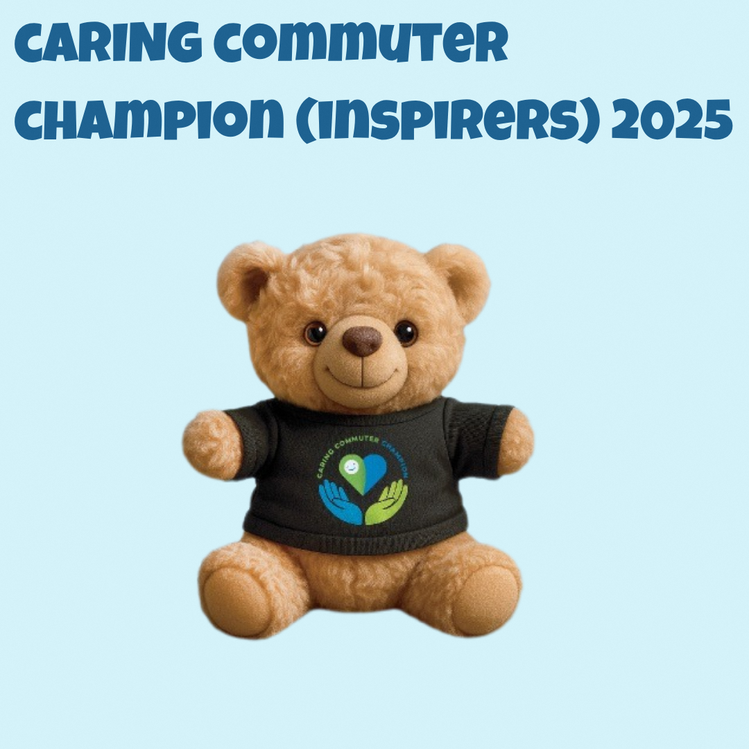 A 3D mock-up image of a Teddy Bear wearing a black t-shirt with Caring Commuter Champion logo