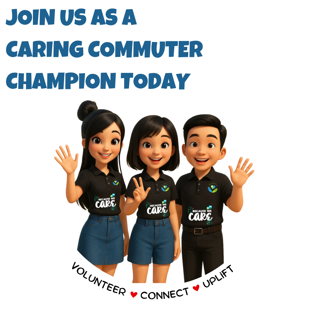 An AI generated image of male and female illustrated characters wearing a Caring Commuter Champion t-shirt and giving friendly waves