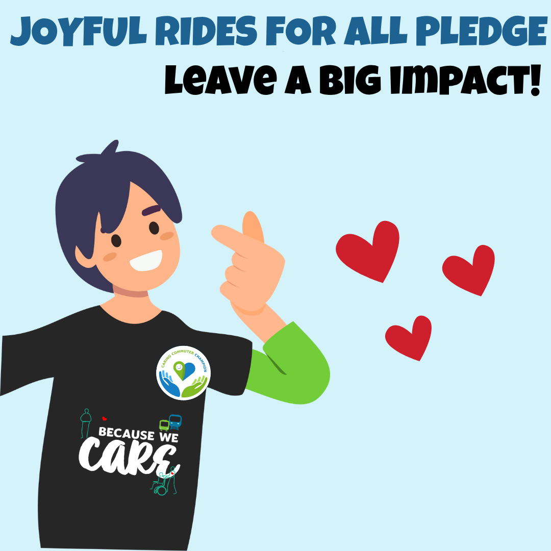 An image of a male cartoon illustrated character showing a heart symbol and wearing a Caring Commuter Champion t-shirt and Caring Commuter Champion badge.