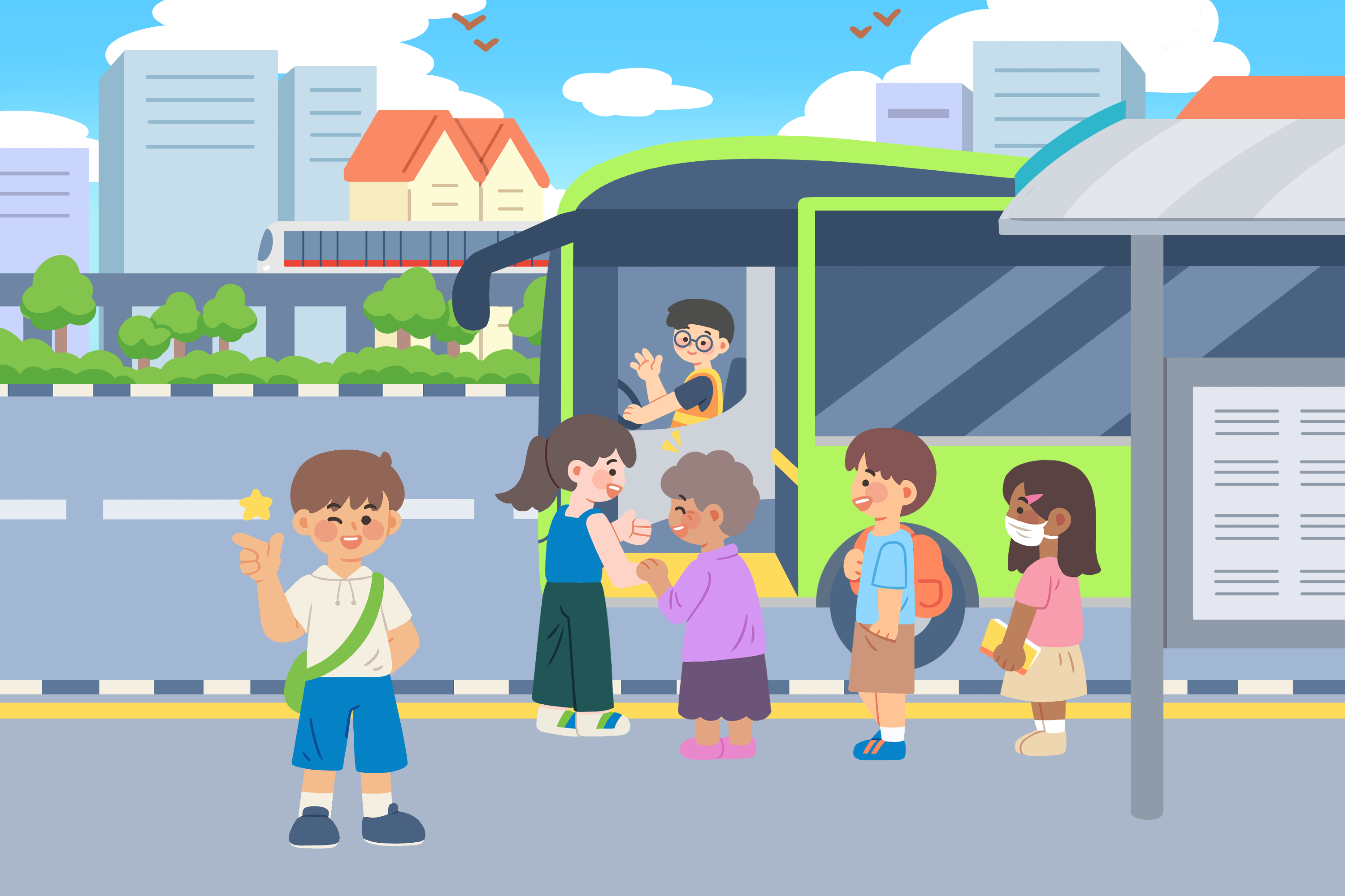 Clear skyline with clouds and text Caring Commuter Week 2025 and Caring SG Commuters logo