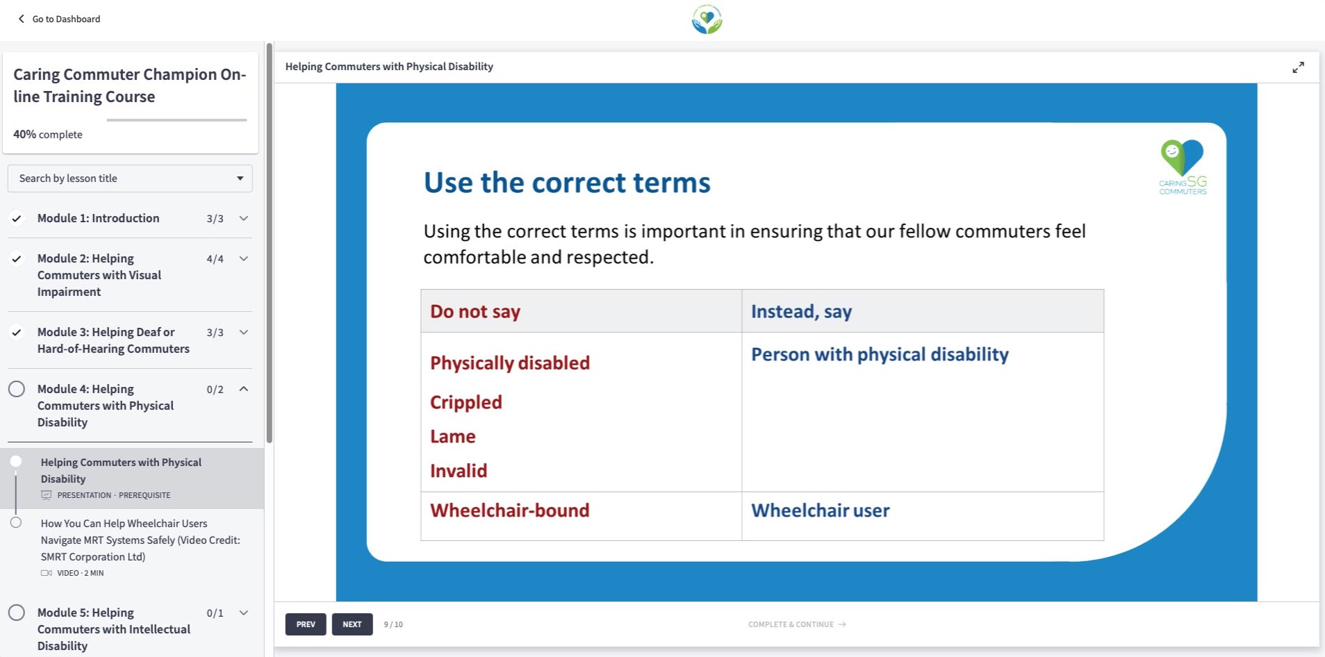 screenshot of Caring Commuter Champion elearning slide