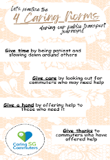 An e-poster designed by Servillon Alanah Kristen Recomanta, explaining four caring norms, for commuter to adopt.